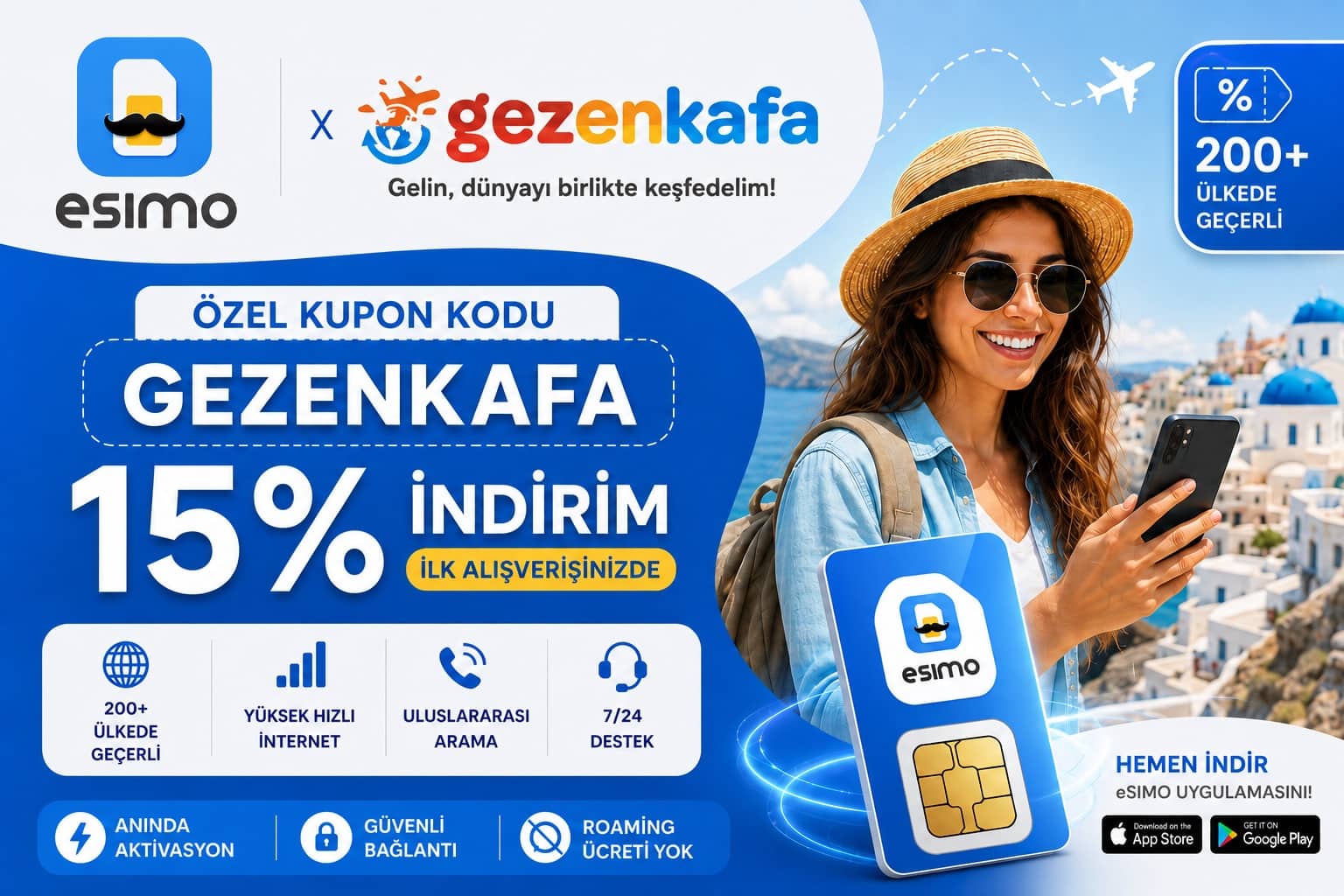 eSIMO × Gezen Kafa — 200'den fazla ülkede geçerli eSIM, GEZENKAFA koduyla ilk alışverişte %15 indirim